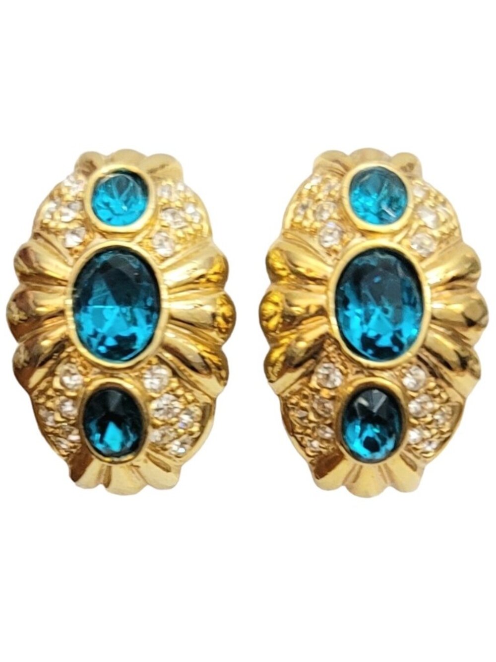 Gold Tone Teal Blue Clear Rhinestone Designer Style Clip-On Earrings, M252